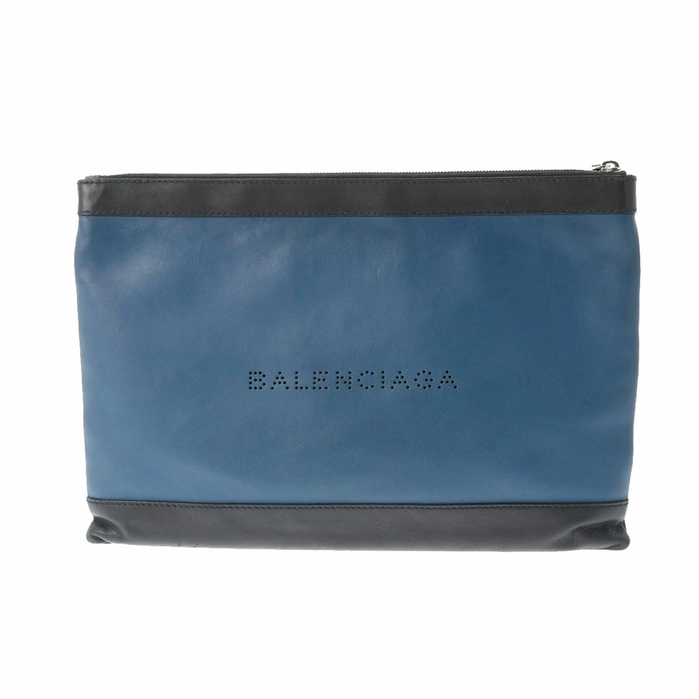BALENCIAGA Navy Blue Clip Blue Black Calfskin Clutch Bag